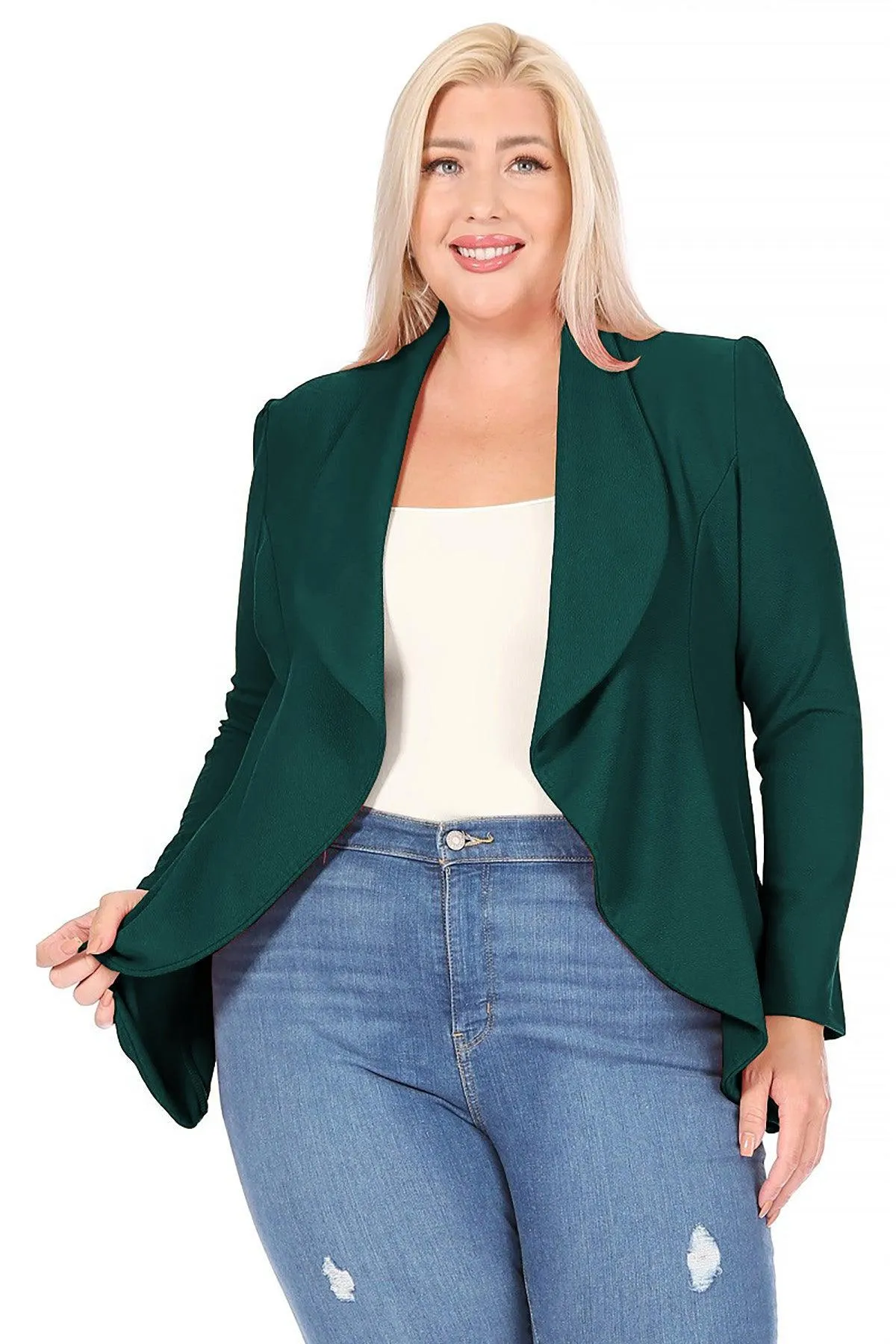 Women's Plus Size Solid Long Sleeve Waist Length Open Front Office Blazer
