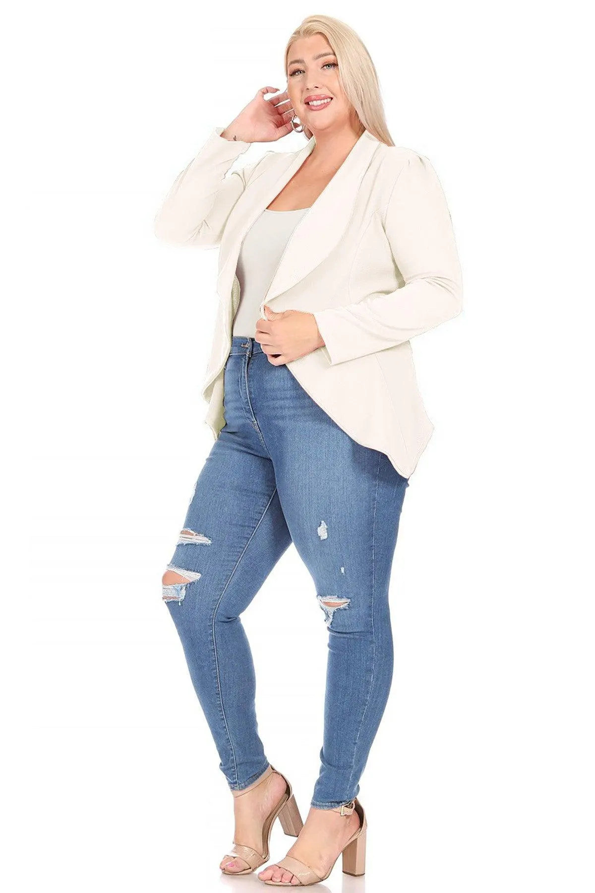 Women's Plus Size Solid Long Sleeve Waist Length Open Front Office Blazer