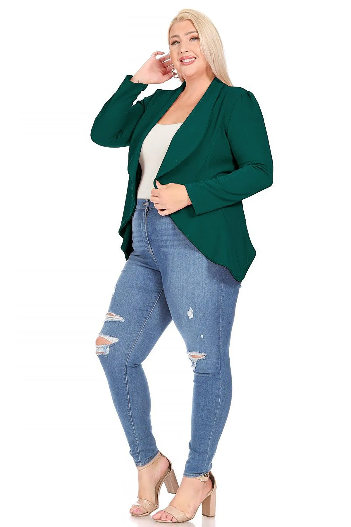 Women's Plus Size Solid Long Sleeve Waist Length Open Front Office Blazer