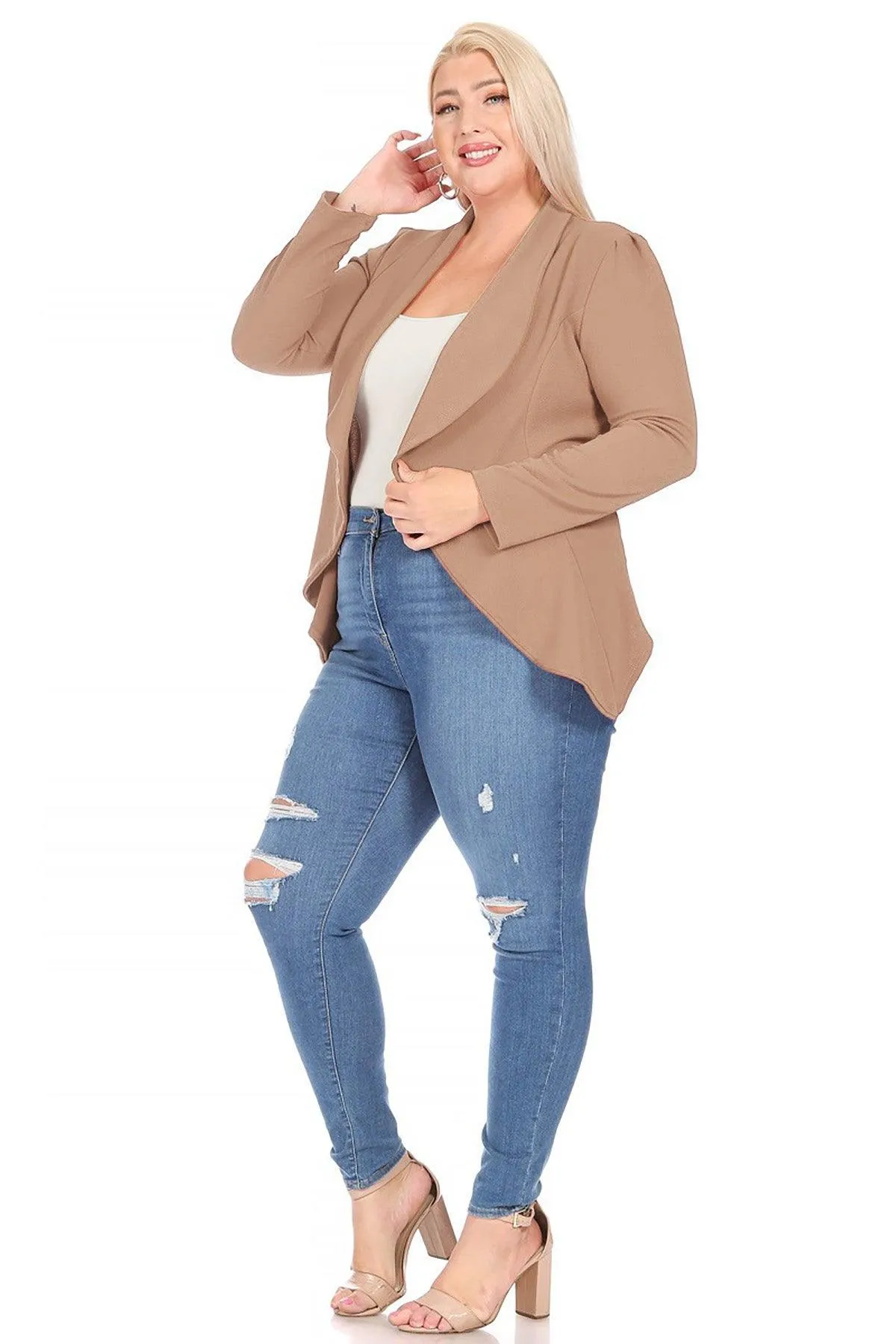 Women's Plus Size Solid Long Sleeve Waist Length Open Front Office Blazer