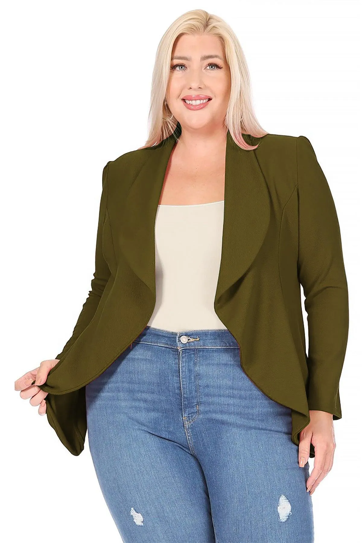 Women's Plus Size Solid Long Sleeve Waist Length Open Front Office Blazer
