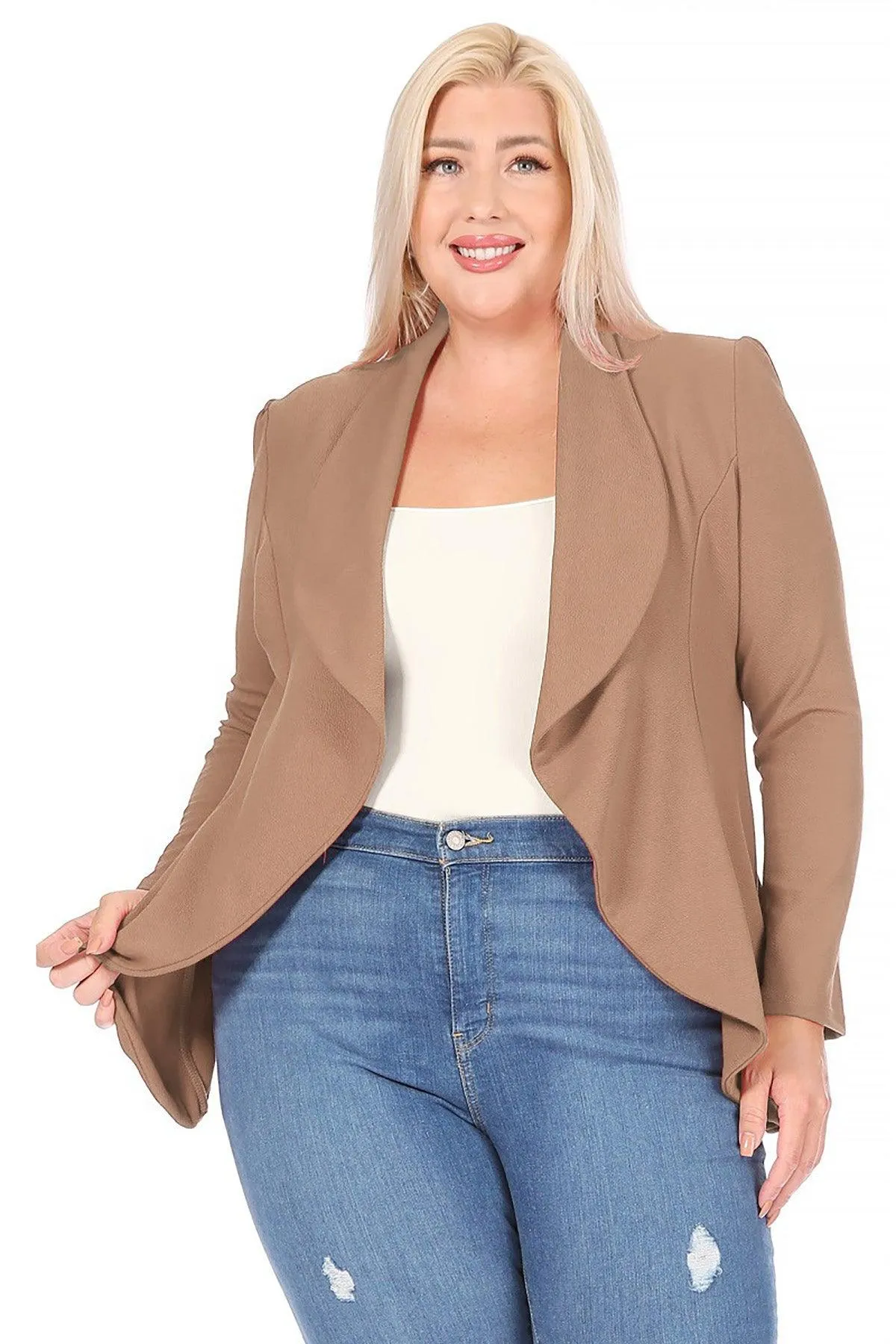 Women's Plus Size Solid Long Sleeve Waist Length Open Front Office Blazer