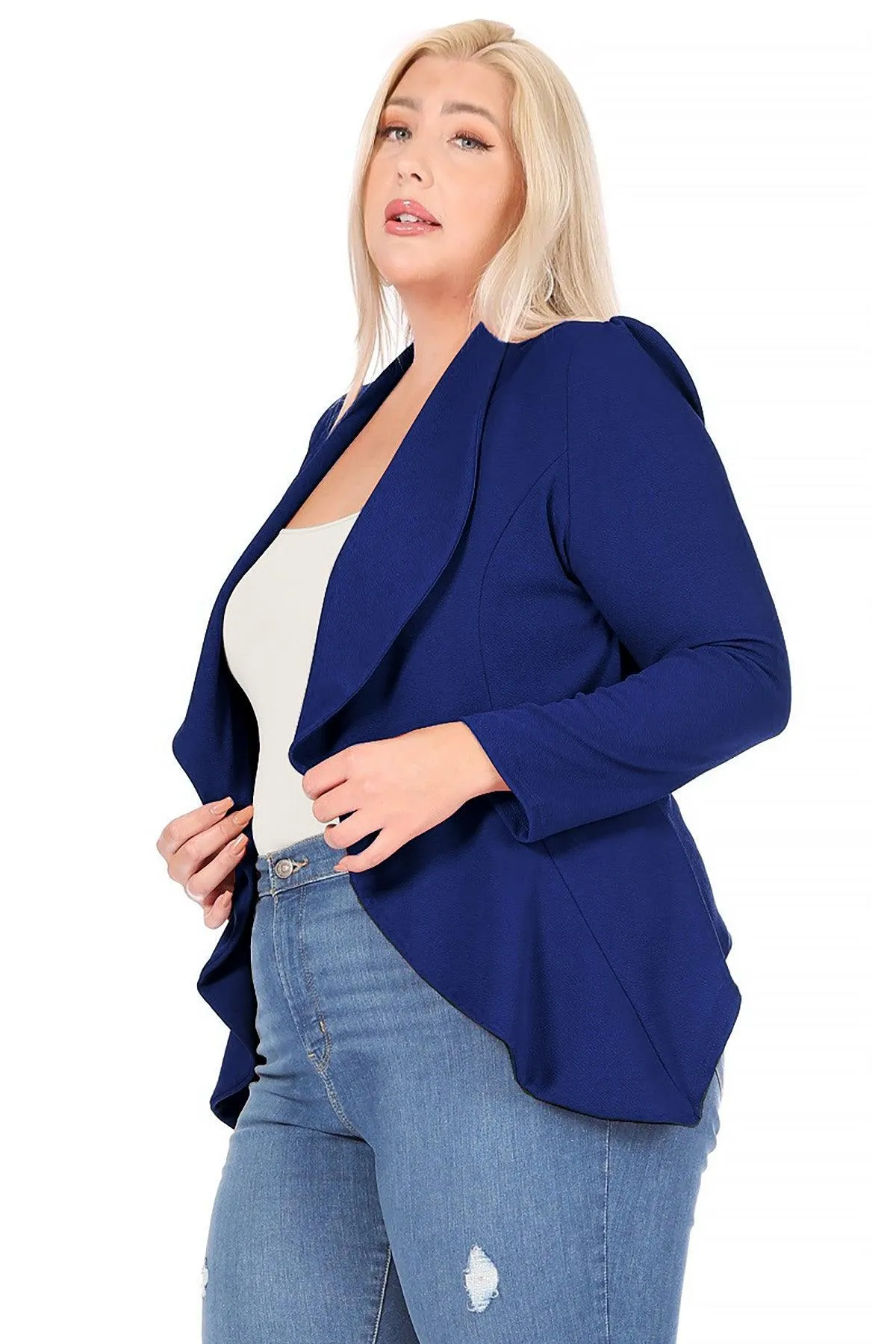 Women's Plus Size Solid Long Sleeve Waist Length Open Front Office Blazer