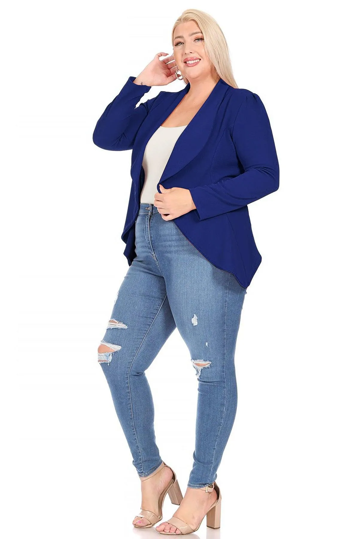 Women's Plus Size Solid Long Sleeve Waist Length Open Front Office Blazer