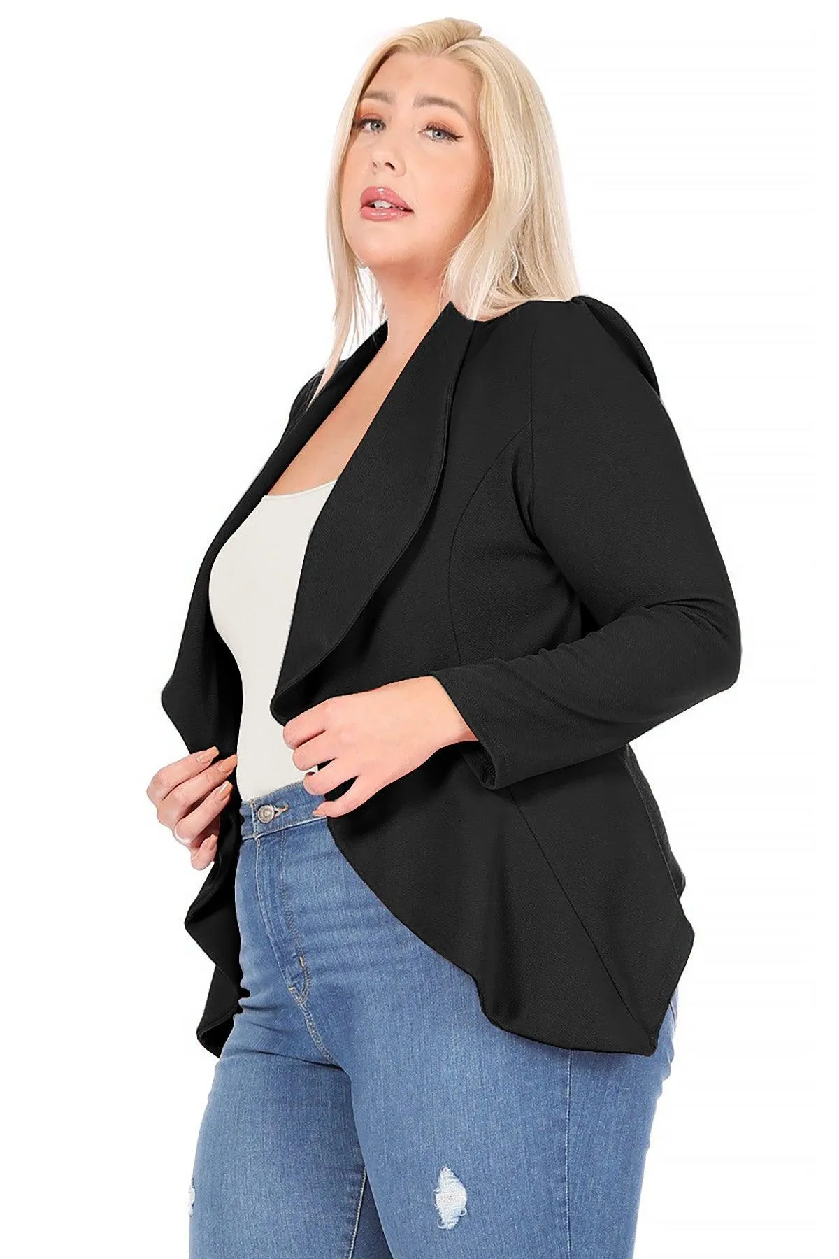 Women's Plus Size Solid Long Sleeve Waist Length Open Front Office Blazer