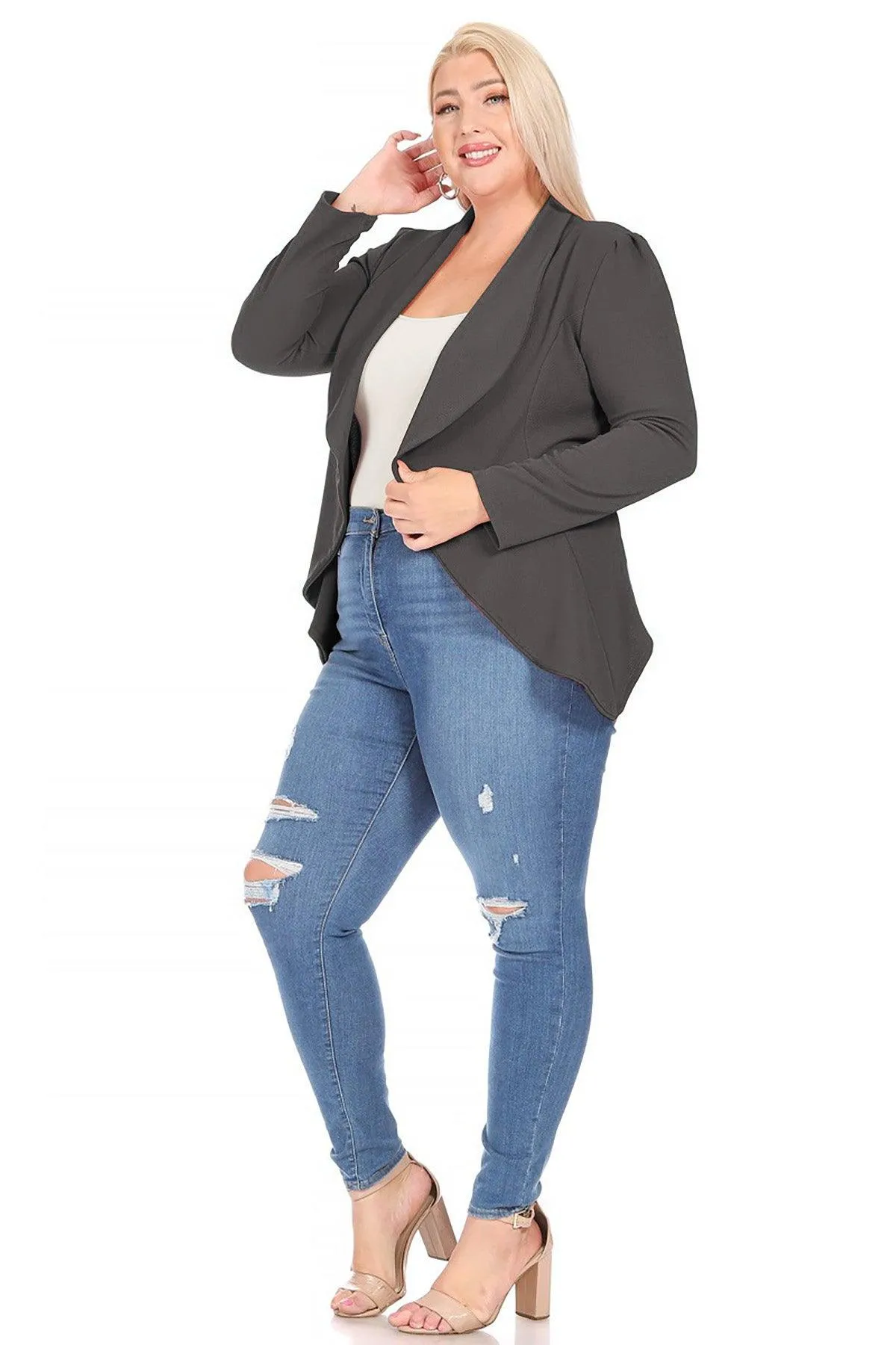 Women's Plus Size Solid Long Sleeve Waist Length Open Front Office Blazer