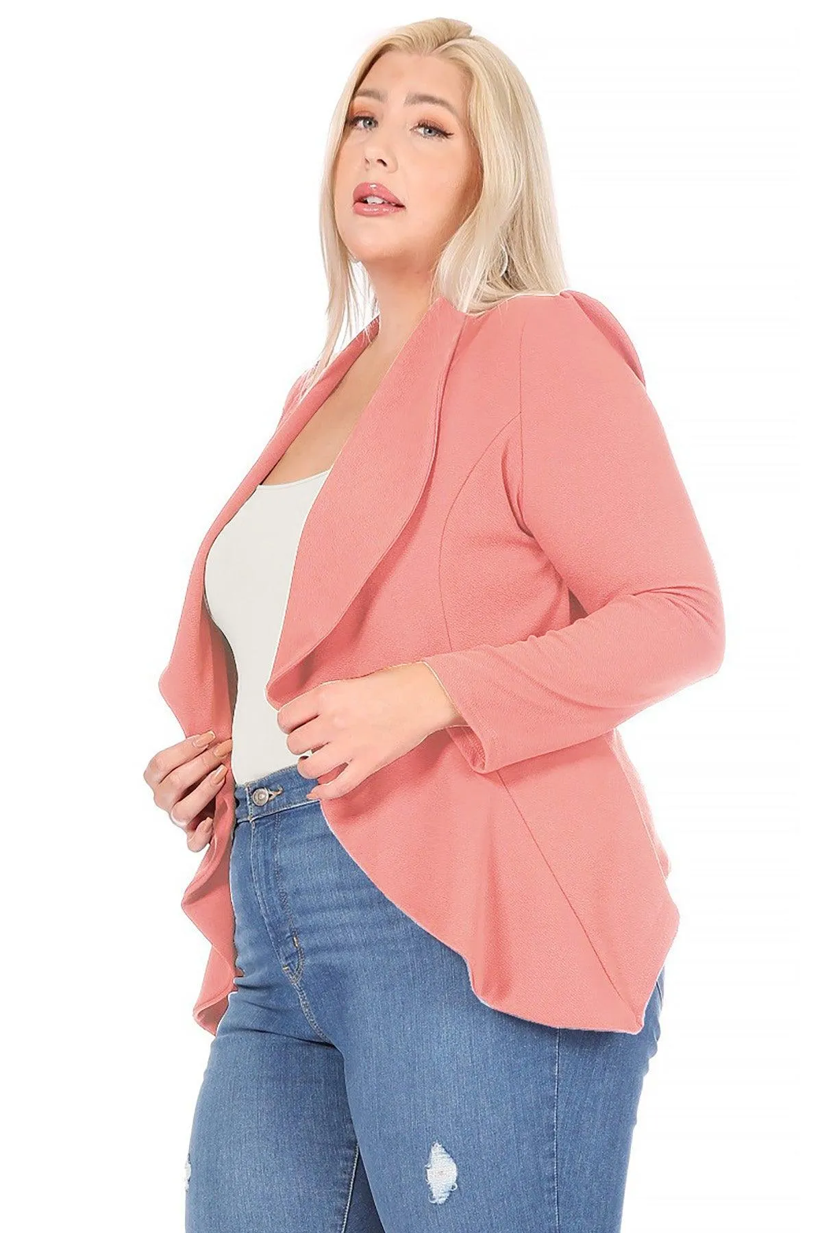 Women's Plus Size Solid Long Sleeve Waist Length Open Front Office Blazer