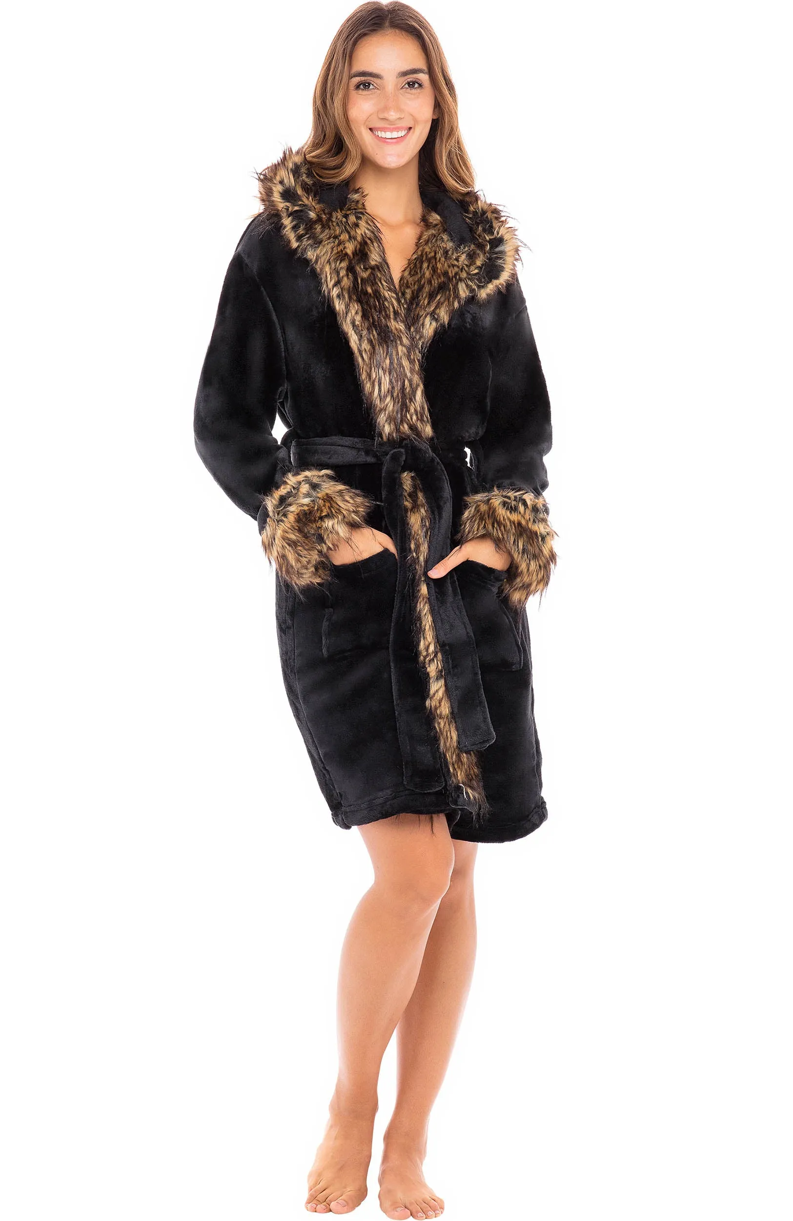 Women's Plush Fleece Robe with Faux Fur Accents, Short Bathrobe