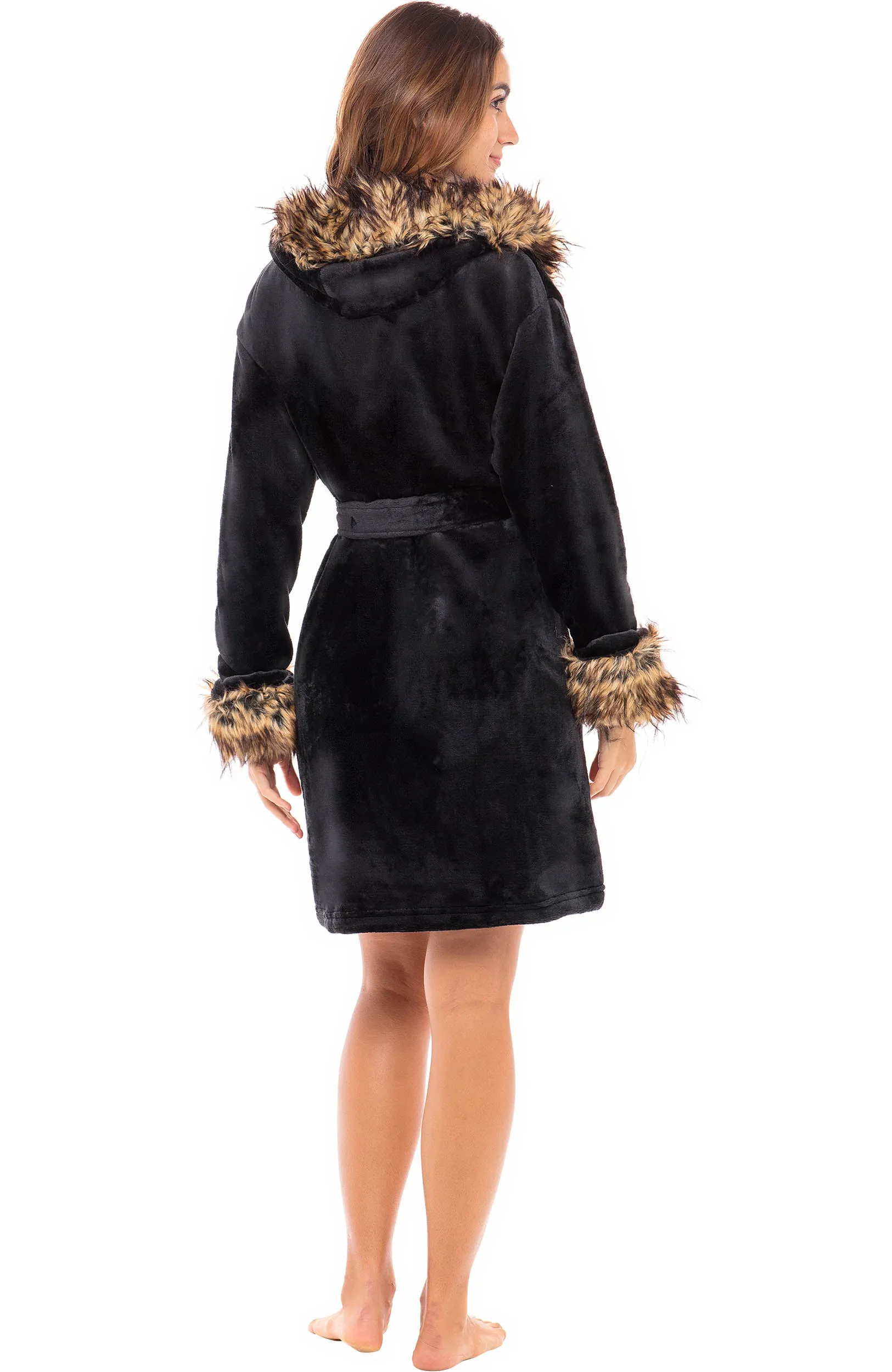 Women's Plush Fleece Robe with Faux Fur Accents, Short Bathrobe