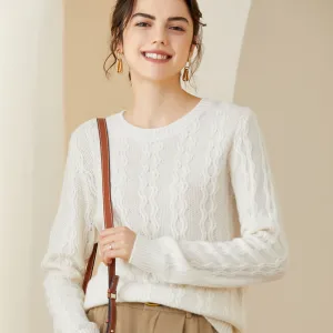 Women's Round Neck Thickened Casual Solid Color Cable Cashmere Sweater
