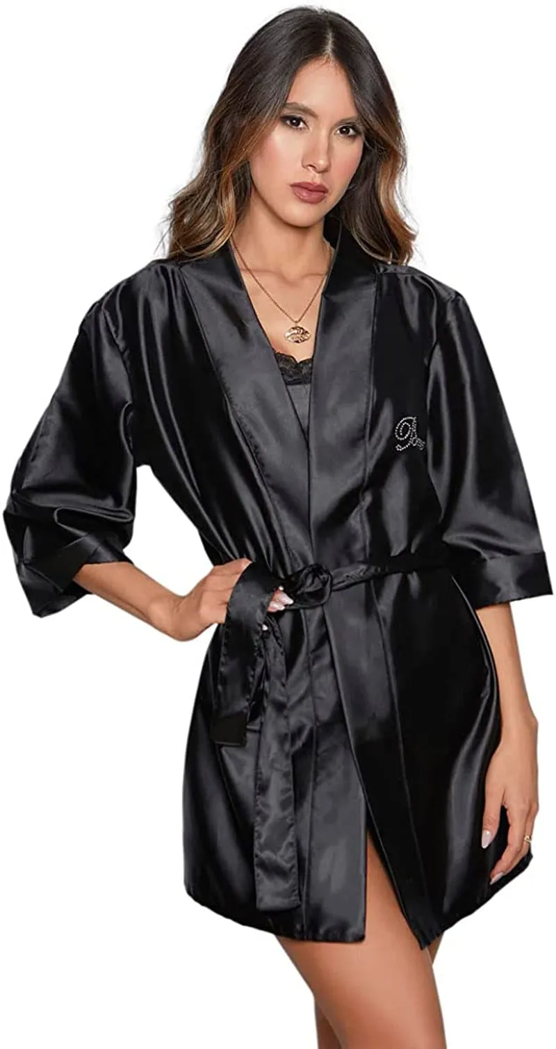 Women's Sexy Lingerie Shiny Satin Lace Sleepwear Set