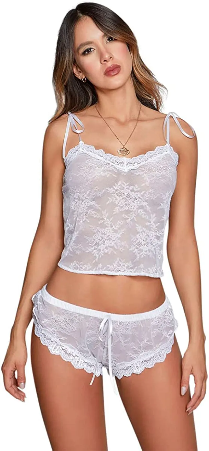 Women's Sexy Lingerie Shiny Satin Lace Sleepwear Set