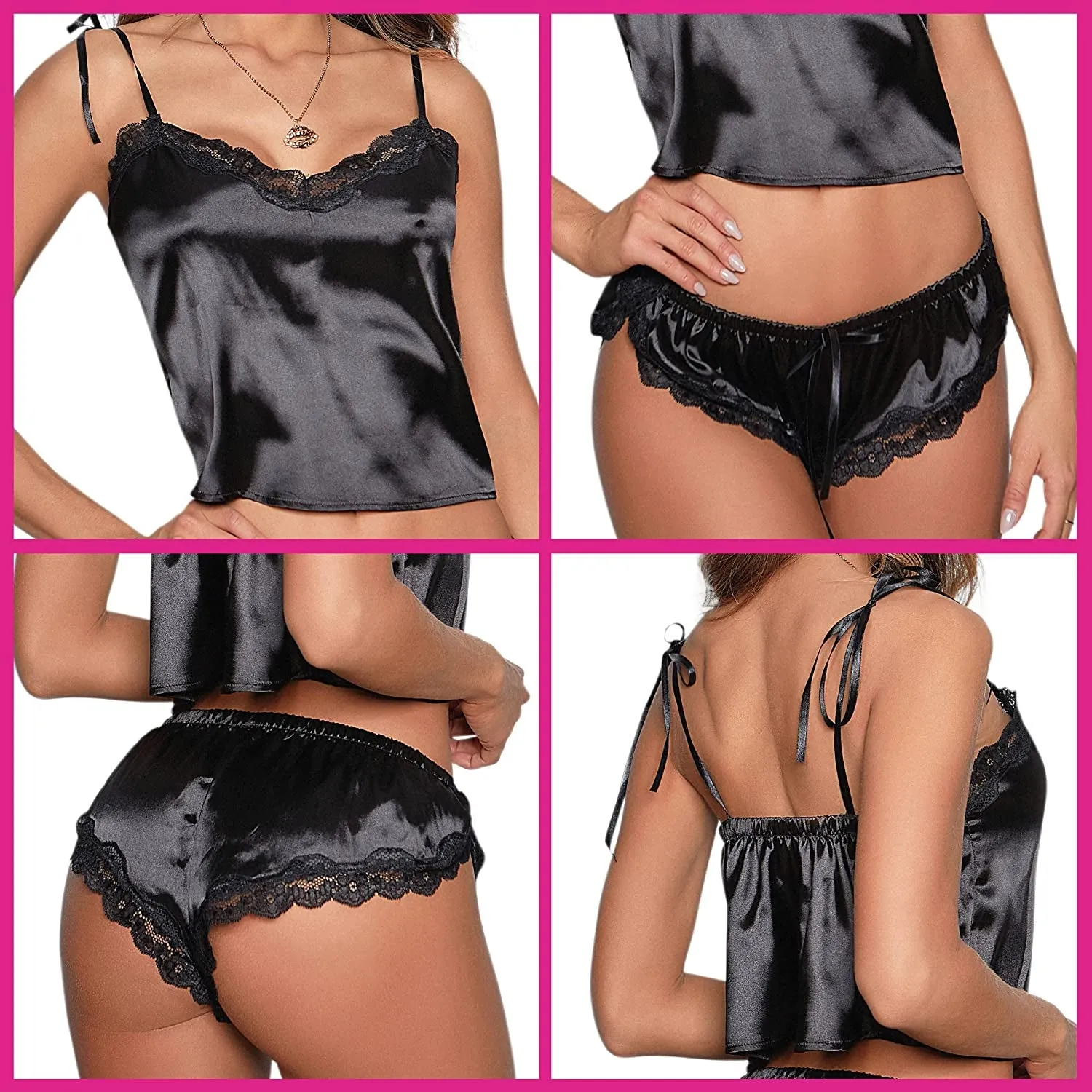 Women's Sexy Lingerie Shiny Satin Lace Sleepwear Set