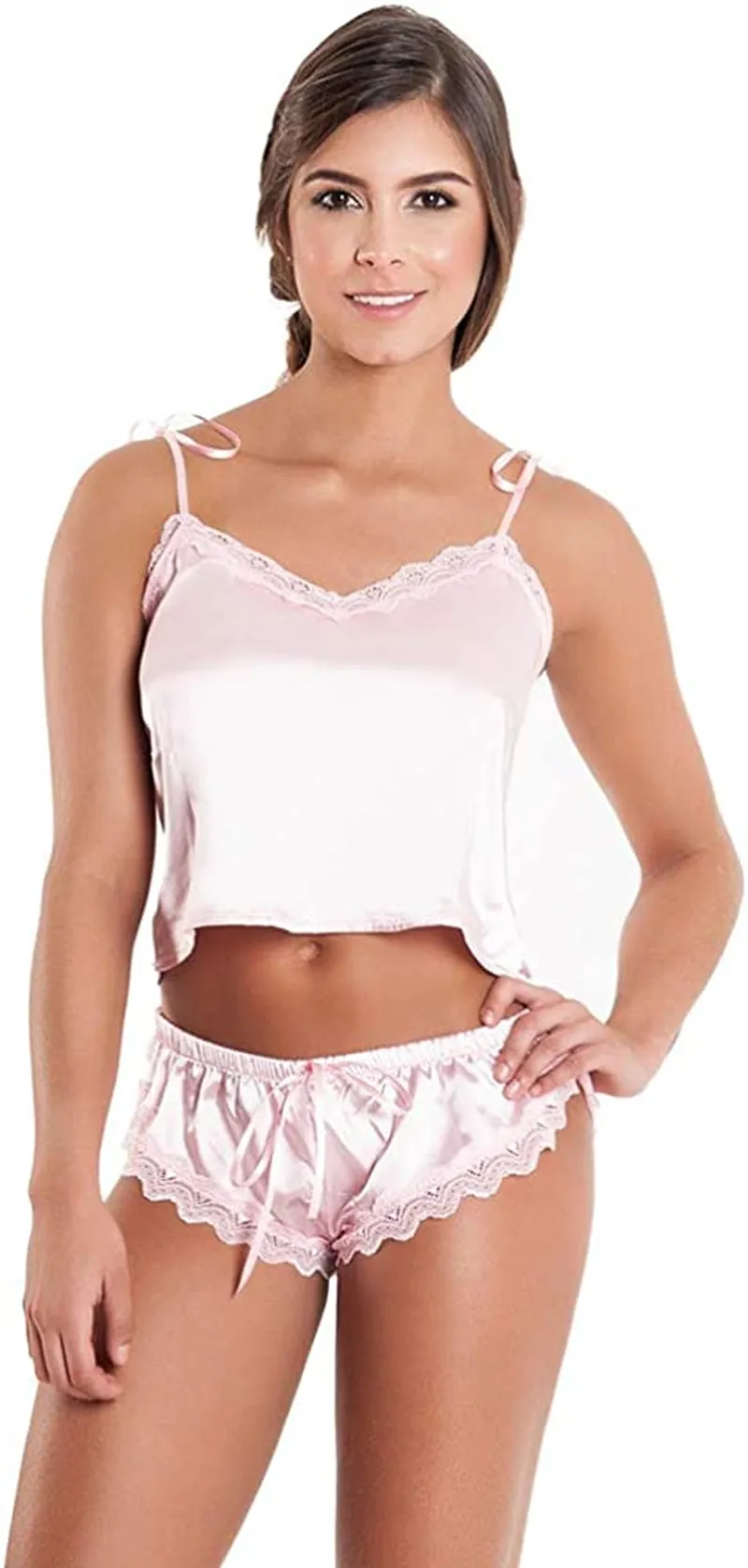 Women's Sexy Lingerie Shiny Satin Lace Sleepwear Set