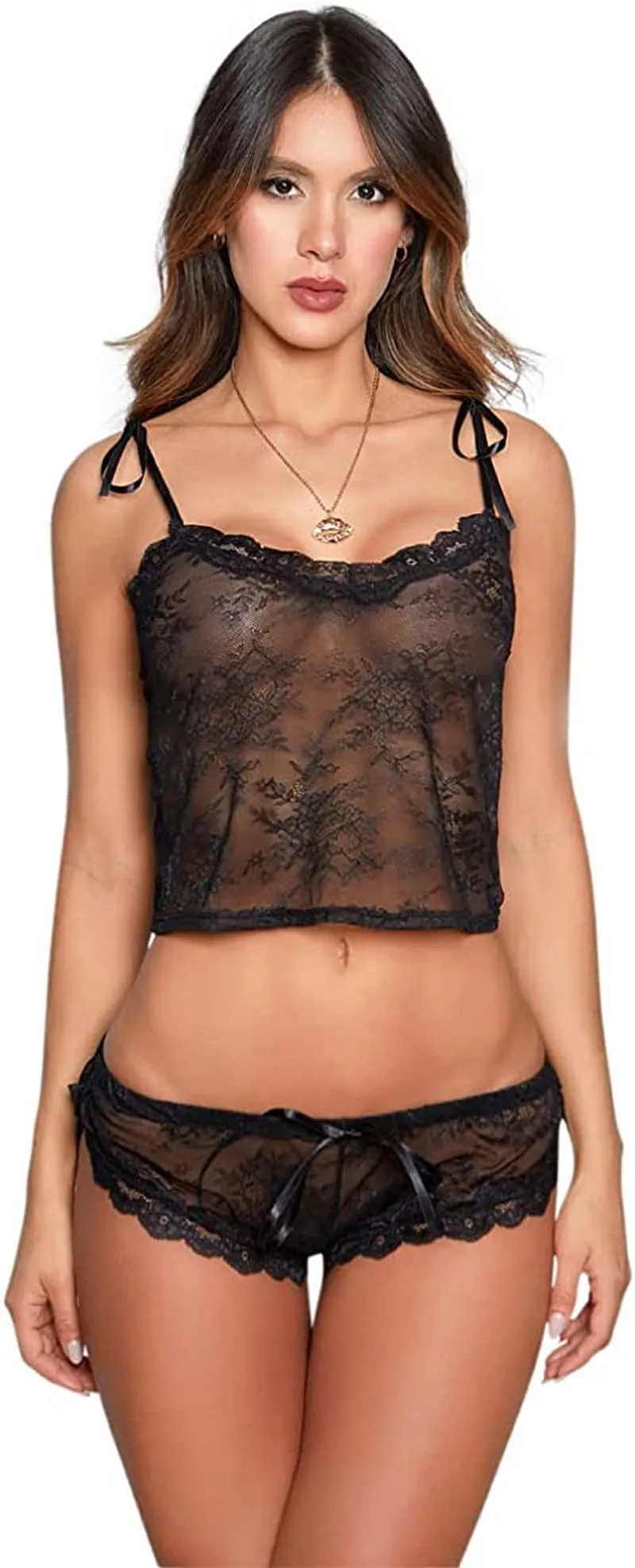 Women's Sexy Lingerie Shiny Satin Lace Sleepwear Set