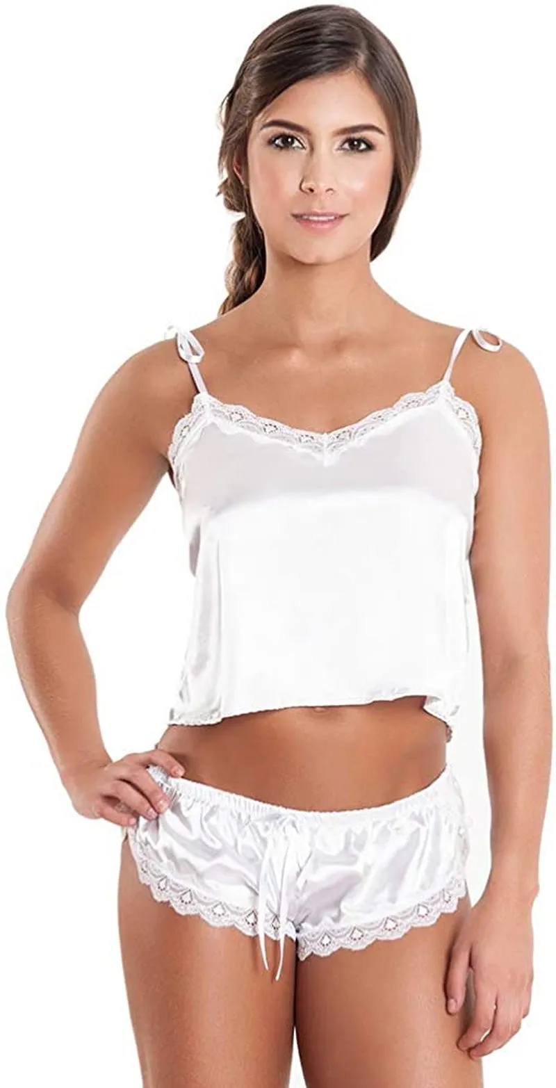 Women's Sexy Lingerie Shiny Satin Lace Sleepwear Set