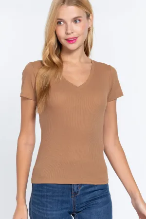 Women's  Short Sleeve V-neck Rib Top