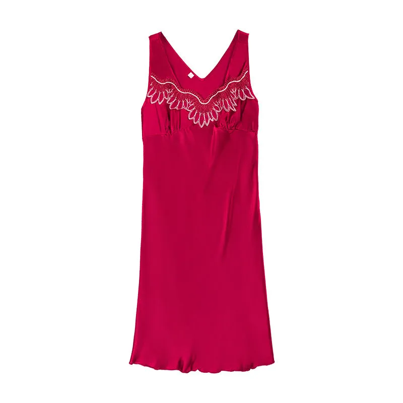 women's silk sexy nightdress ice silk  lace sleeveless loose plus size pajamase