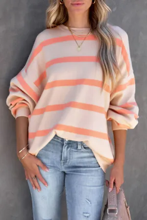 Womens Striped Sweater Round Neck Dropped Shoulder Sweatshirt, Comfortable Baggy Sweater new womens fashion
