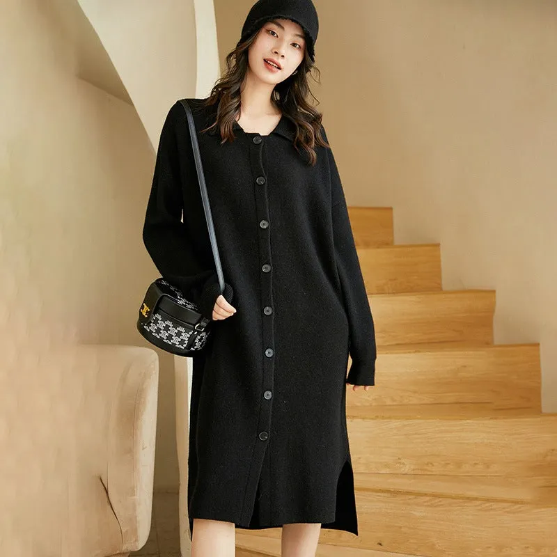 Women's Thickened Lapel Knitted Sweater Korean Style Loose Mid-Length Jacket