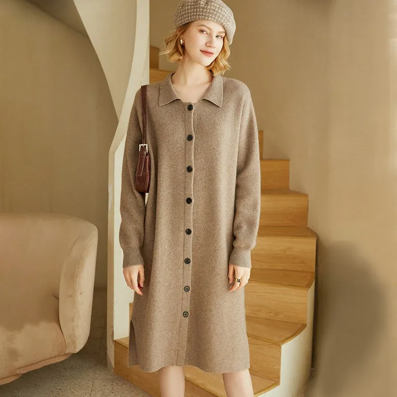 Women's Thickened Lapel Knitted Sweater Korean Style Loose Mid-Length Jacket