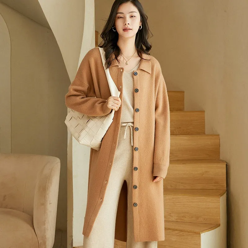 Women's Thickened Lapel Knitted Sweater Korean Style Loose Mid-Length Jacket