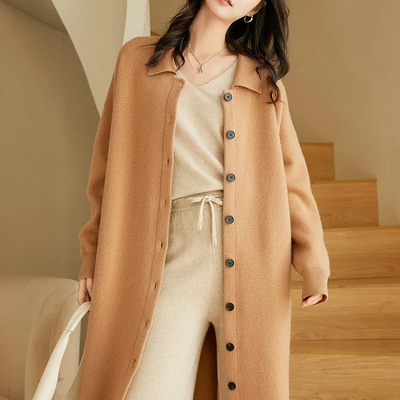 Women's Thickened Lapel Knitted Sweater Korean Style Loose Mid-Length Jacket
