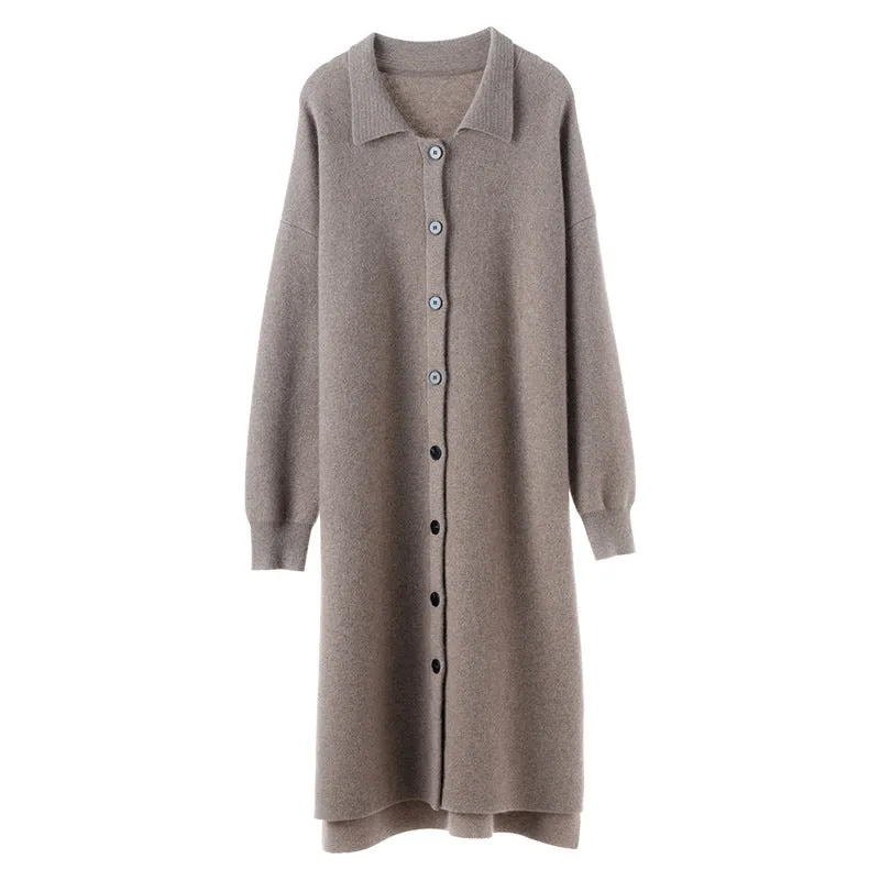 Women's Thickened Lapel Knitted Sweater Korean Style Loose Mid-Length Jacket
