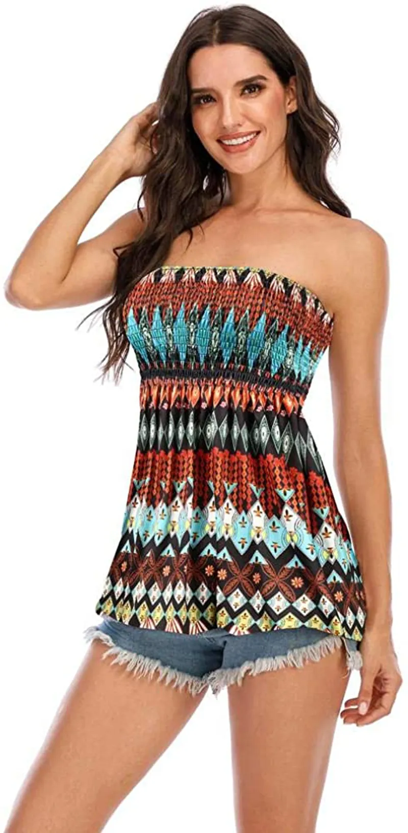 Womens Tie Dye Sleeveless Tube Tops Strapless Pleated Tunic Crop Top Tank Cami