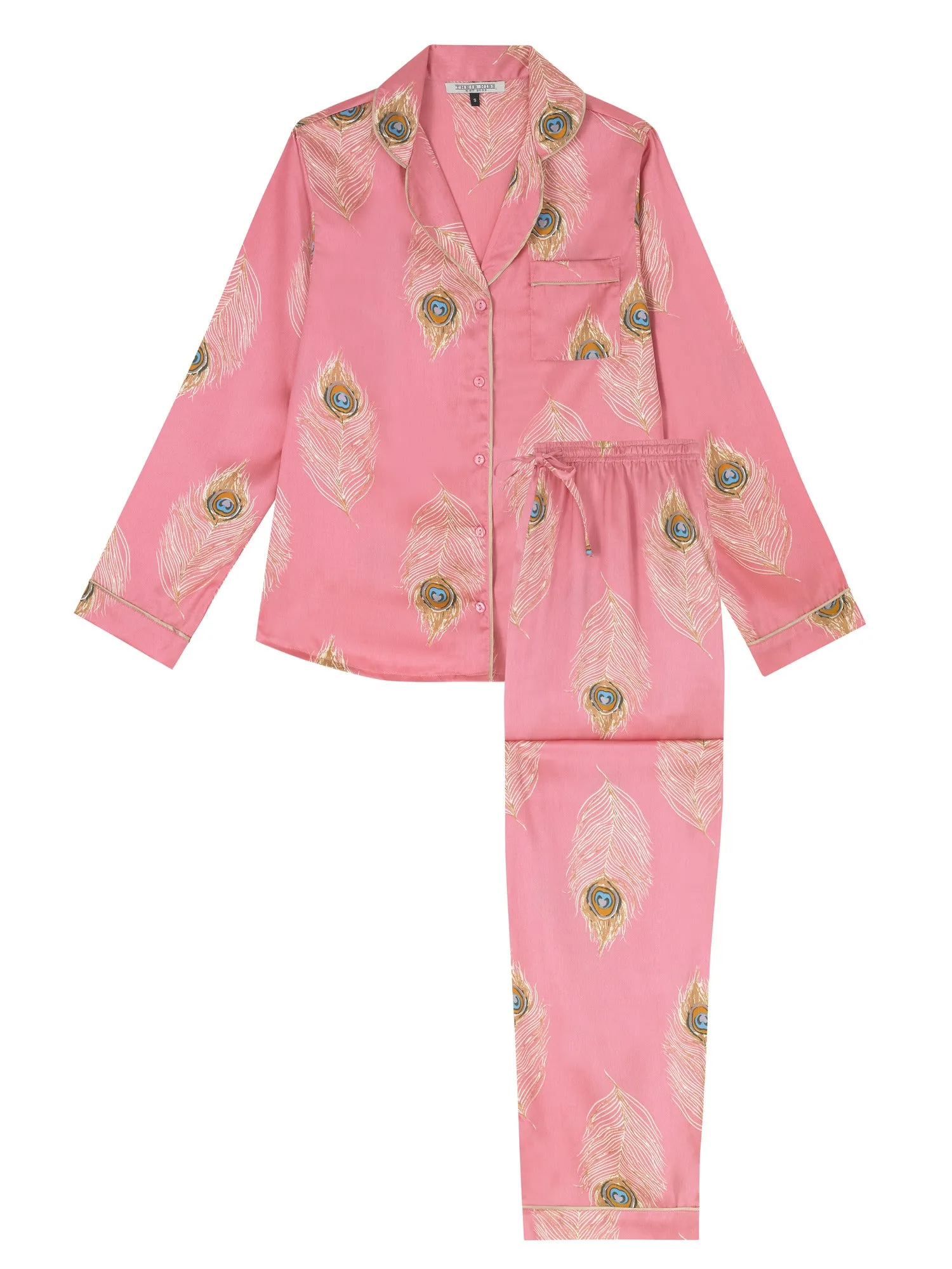 Womens Traditional Satin Pyjama Pink Gold Peacock Feather