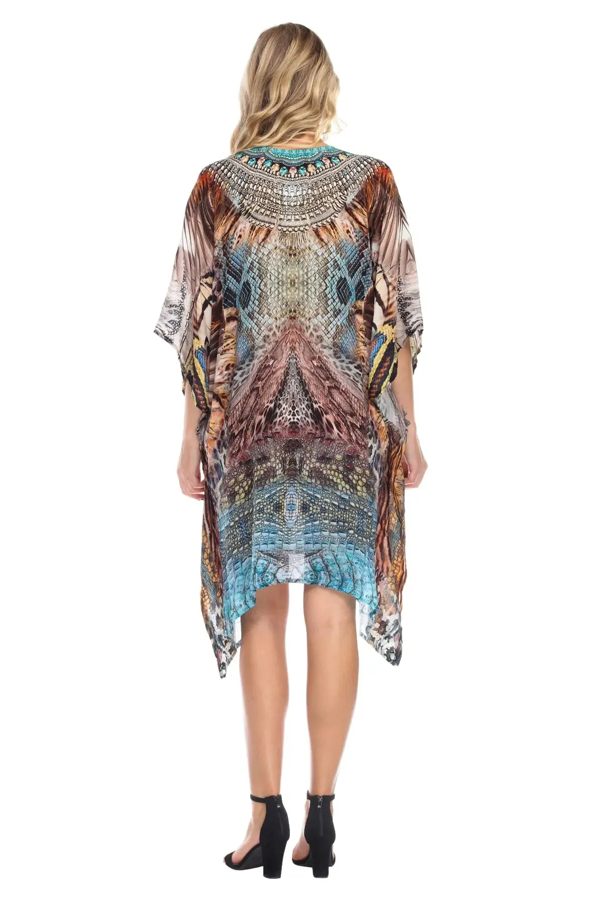 Women's Viscose Silk Caftans Poncho Cover up V Neck Top Lace up