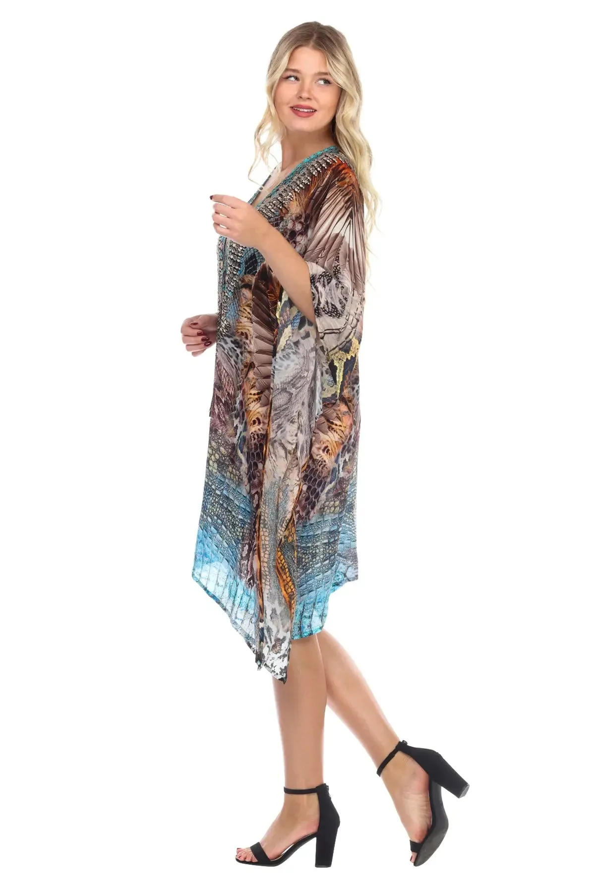 Women's Viscose Silk Caftans Poncho Cover up V Neck Top Lace up