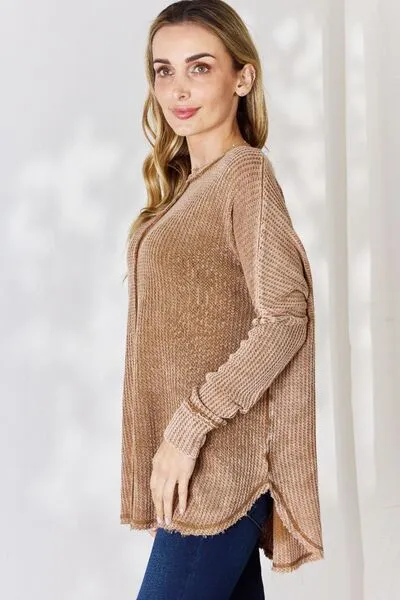 Women's Zenana Oversized Washed Waffle Long Sleeve Top