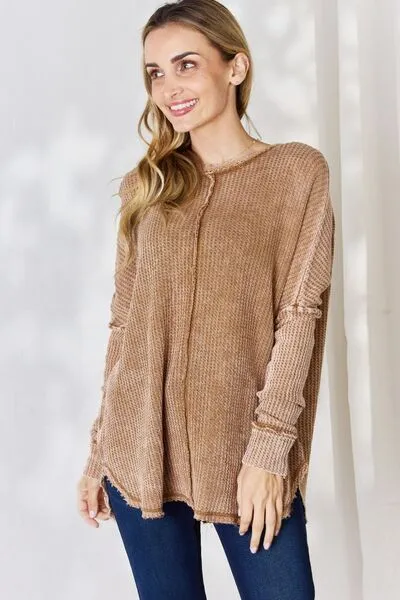 Women's Zenana Oversized Washed Waffle Long Sleeve Top