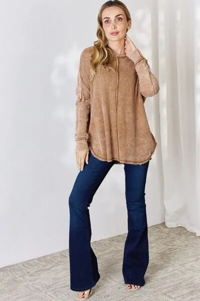 Women's Zenana Oversized Washed Waffle Long Sleeve Top