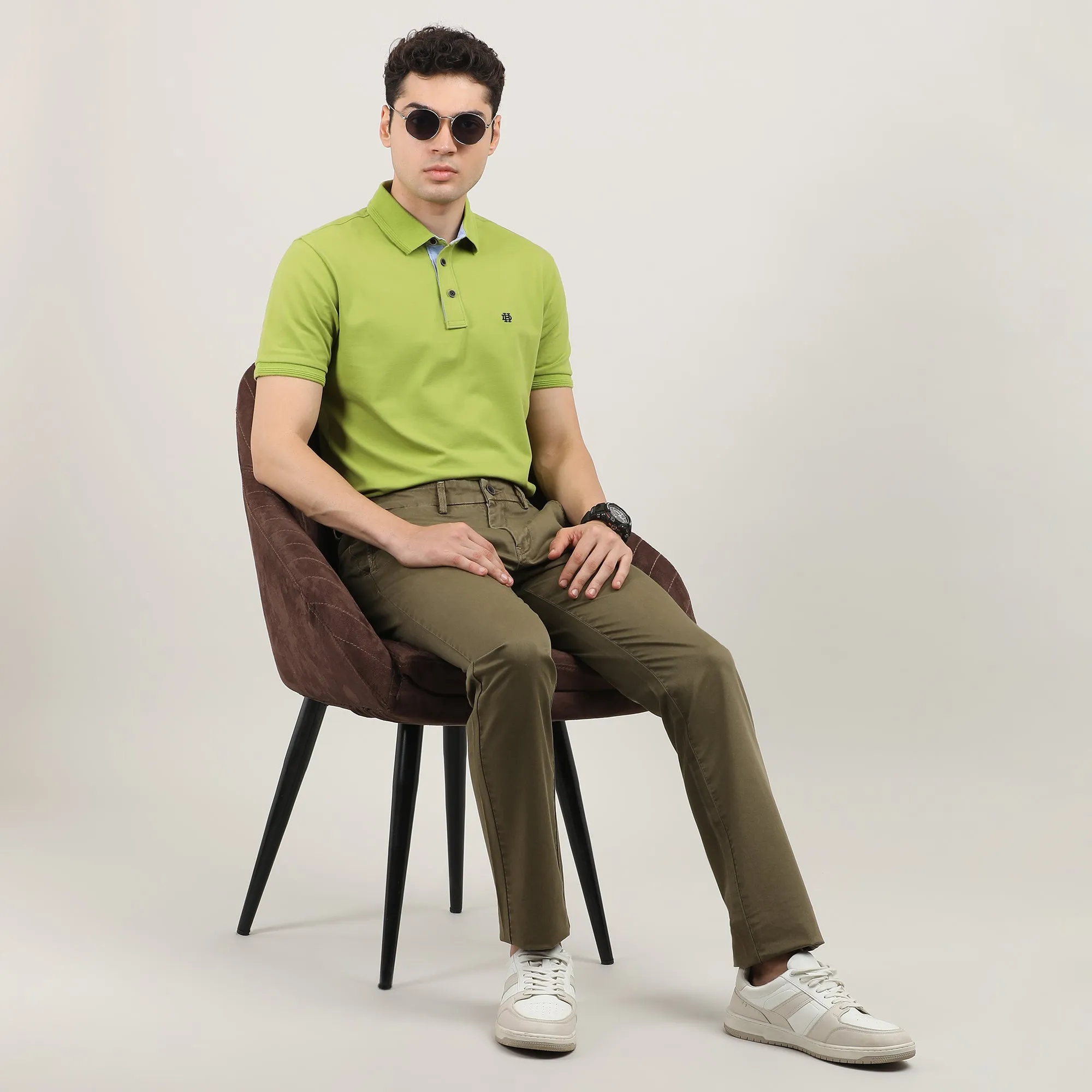 Wood-Washed Cotton Trousers-Slim Tapered Fit