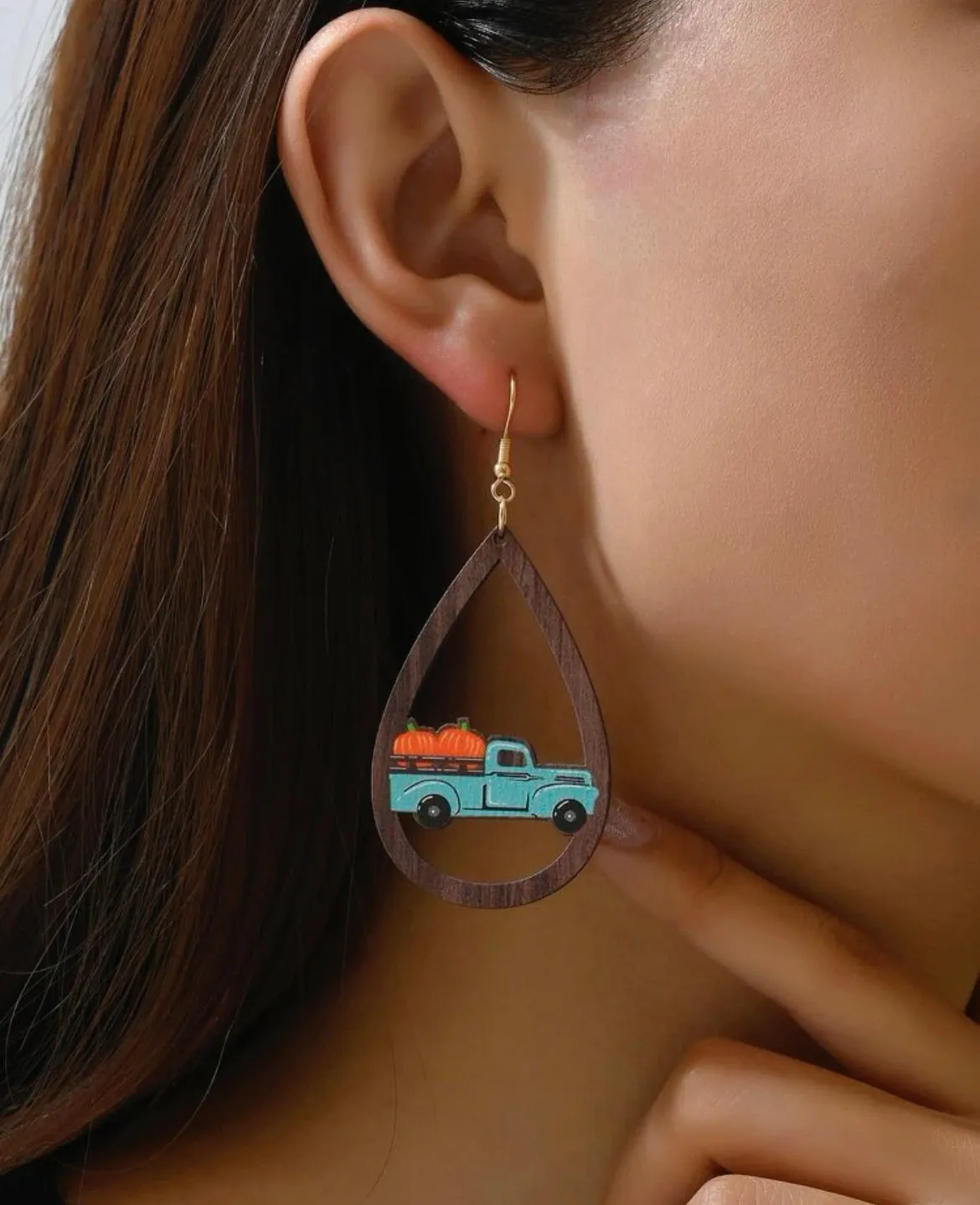 Wooden Vintage Pumpkin Truck Earrings