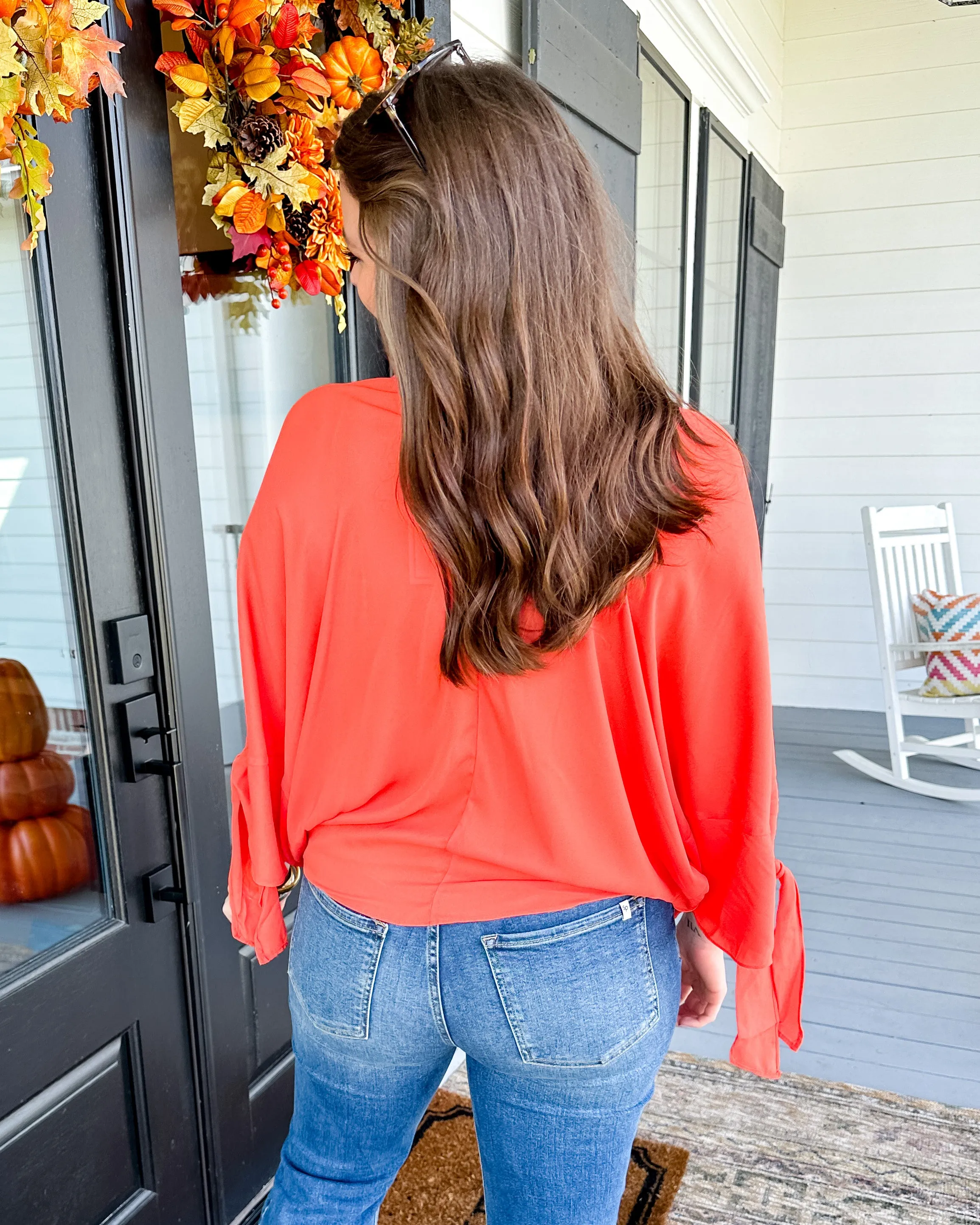 Wrap Sleeve V-Neck Top in Orange