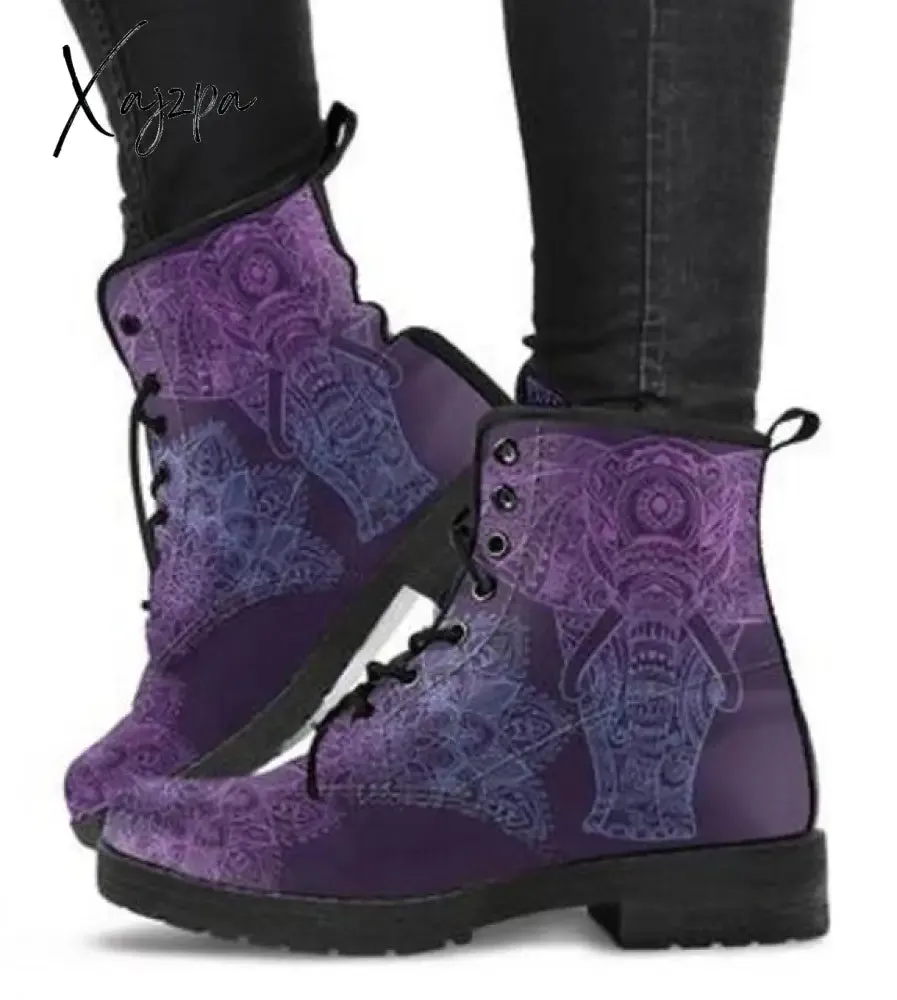 Xajzpa - HOT Skeleton Women Snow Ankle Boots Motorcycle Skull Pansy Low Heels Shoes Vintage Pu Leather Warm Winter Increase The 43