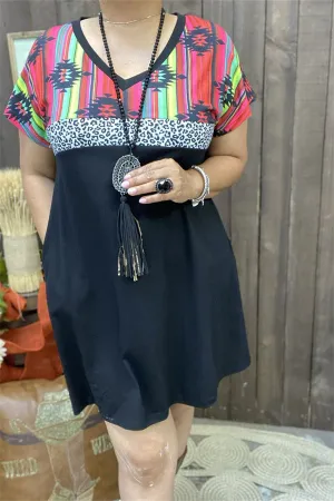 XCH15544 Aztec black&red colorful striped&leopard printed part of block solid black w/side pockets short sleeve women dresses