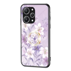 Xiaomi Redmi 12 (4G) Plastik Cover m. Glasbagside & Fingerring - Blomster Print - Lilla