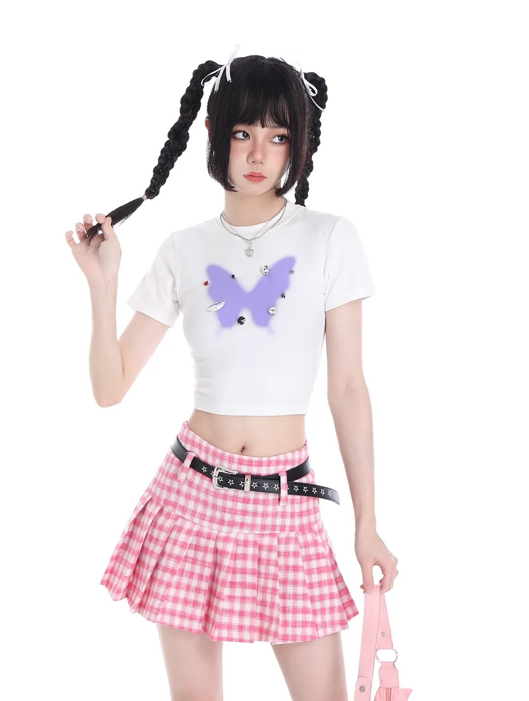 Y2K Plaid Pink Blue High Waist Pleated Mini Skirt Stars Belt
