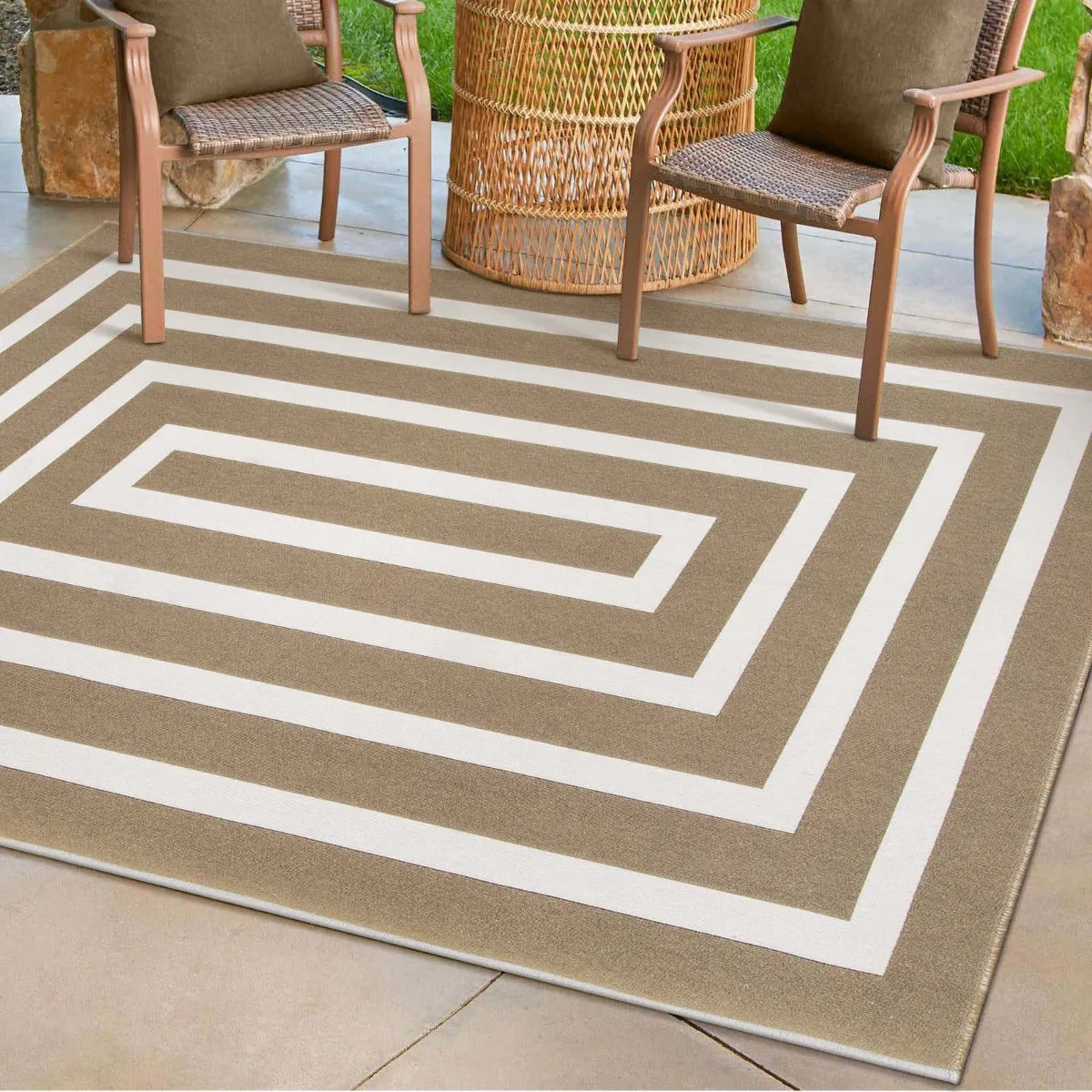 Yanis Modern Geometric Cotton Indoor Outdoor Khaki Area Rug