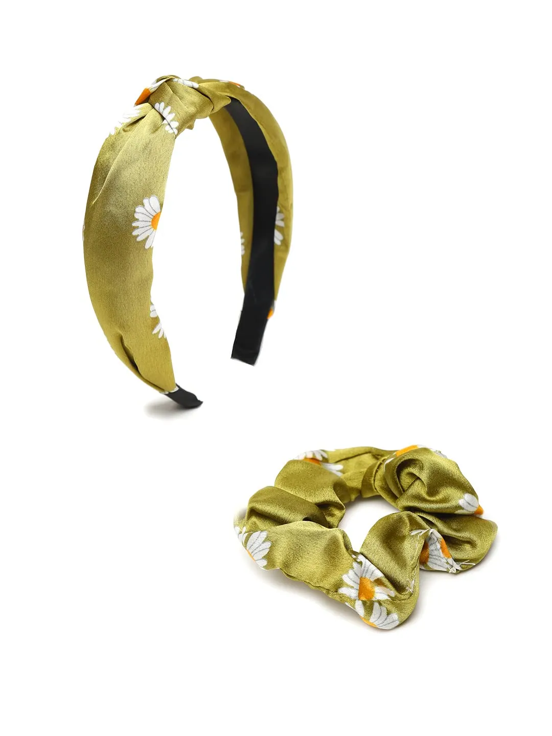 Yellow Chimes Hair Band for Girls Women Hair Accessories for Girls Hairband & Scrunchies Set For Women Floral Printed Green Satin Scrunchies Head Bands for Girls Hair Ties Head Band for Girls Gifts