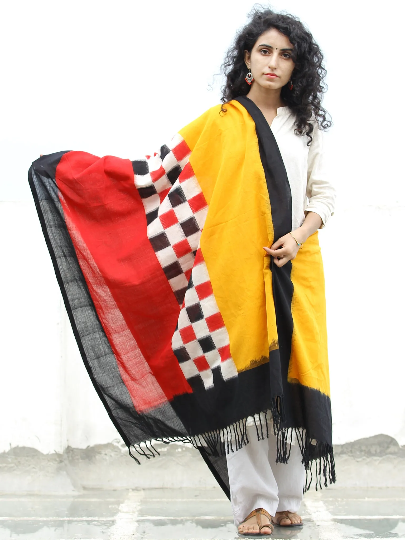 Yellow Red Black White Double Ikat   Handwoven Pochampally Cotton Dupatta -  D04170306