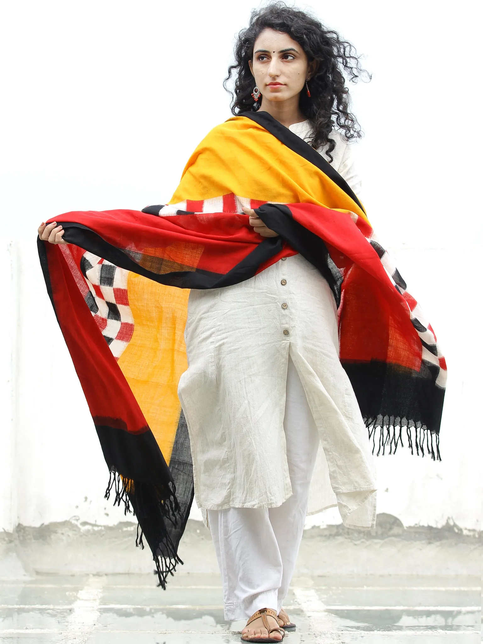 Yellow Red Black White Double Ikat   Handwoven Pochampally Cotton Dupatta -  D04170306
