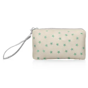 Zip Wristlet in Golden Shimmer Beige with Myriad Sea Green Stars